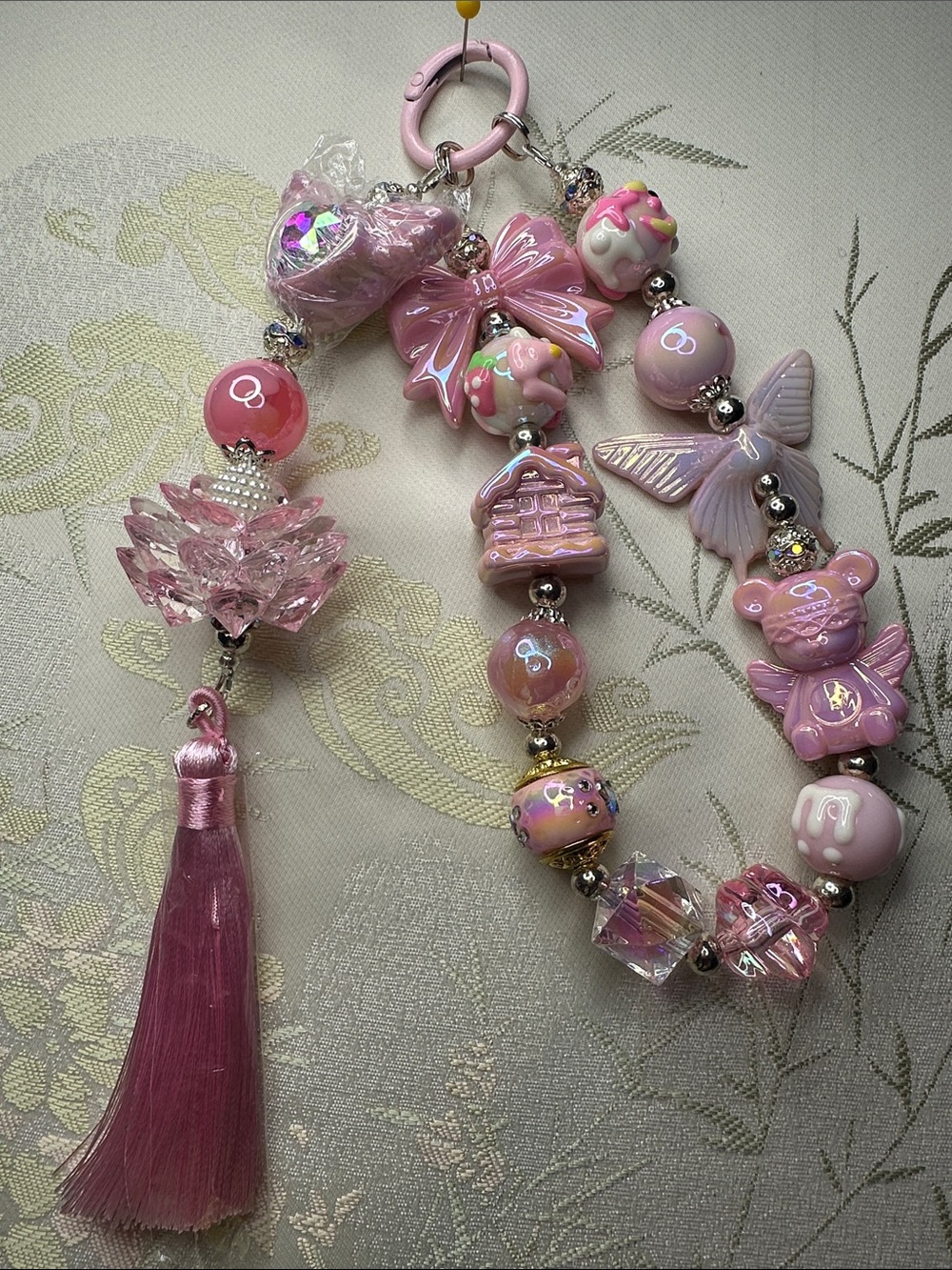 Pink  beaded phone,keychain,handbag decoration,and  car pendant with Tassel